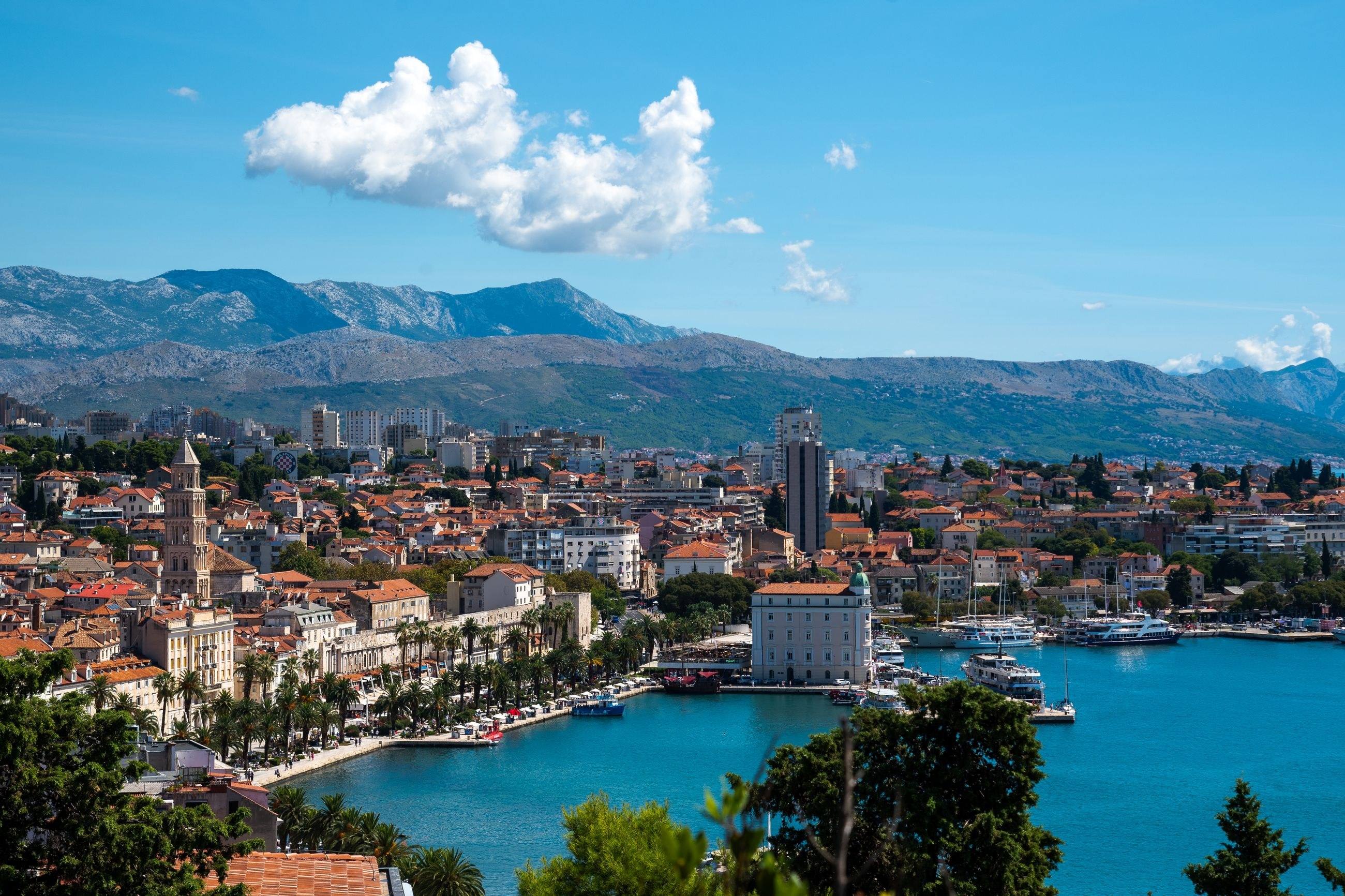 Split’s waterfront and harbour below the mountains