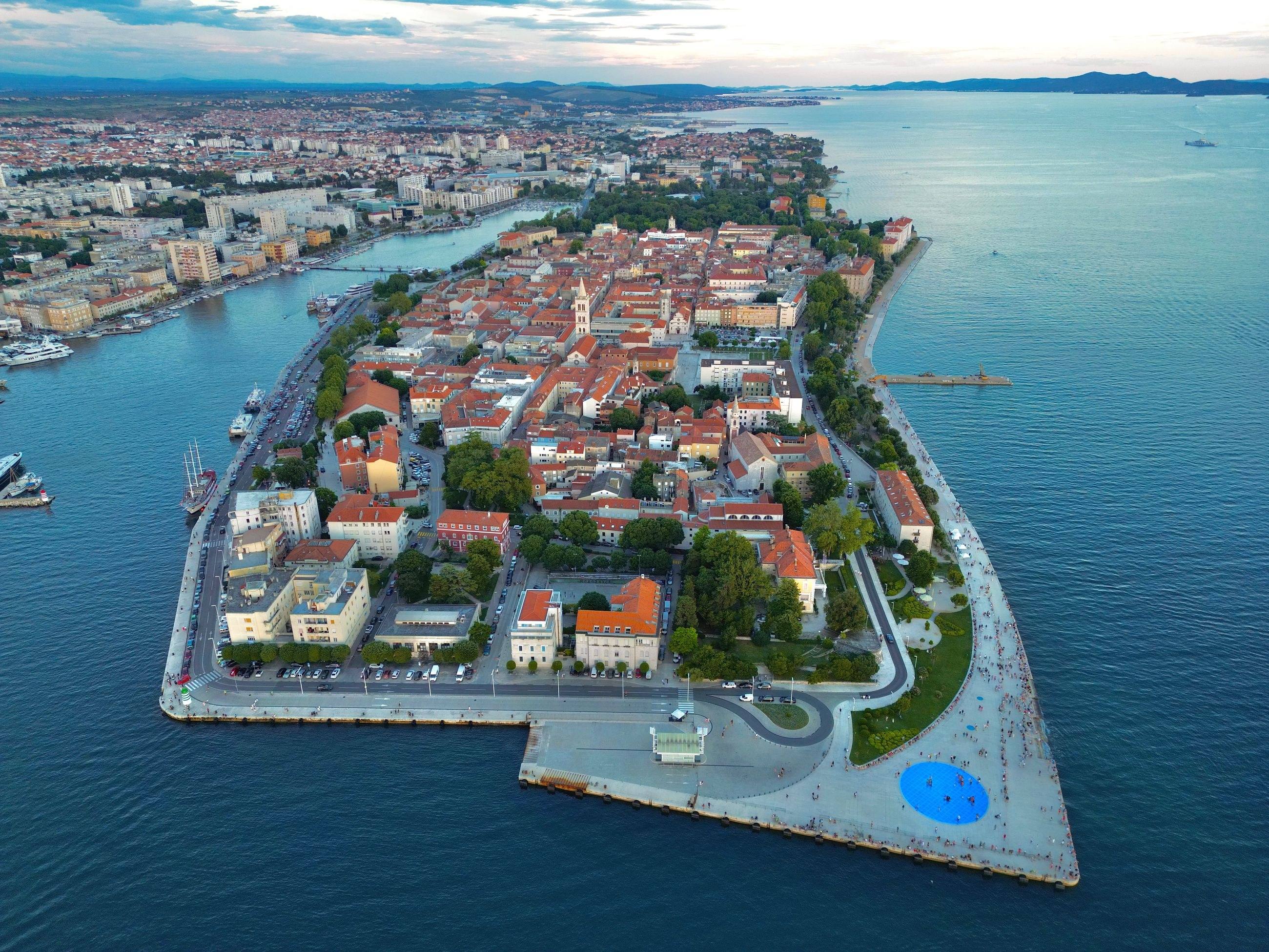 Aerial view of Zadar’s old town peninsula at sunset